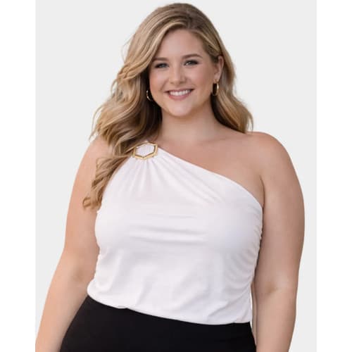 Blusa Feminina Elegante Mula Manca com fivela Detalhe Assimétrica Casual Drapeada Franzido  M G GG G1 G2