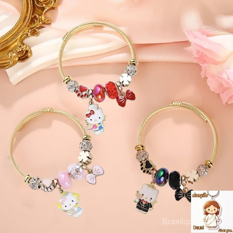 Pulseiras De Aço Inoxidável Com Pingente De Laço , Moda Feminina , Desenho Animado , Hello Kitty , Charmosas