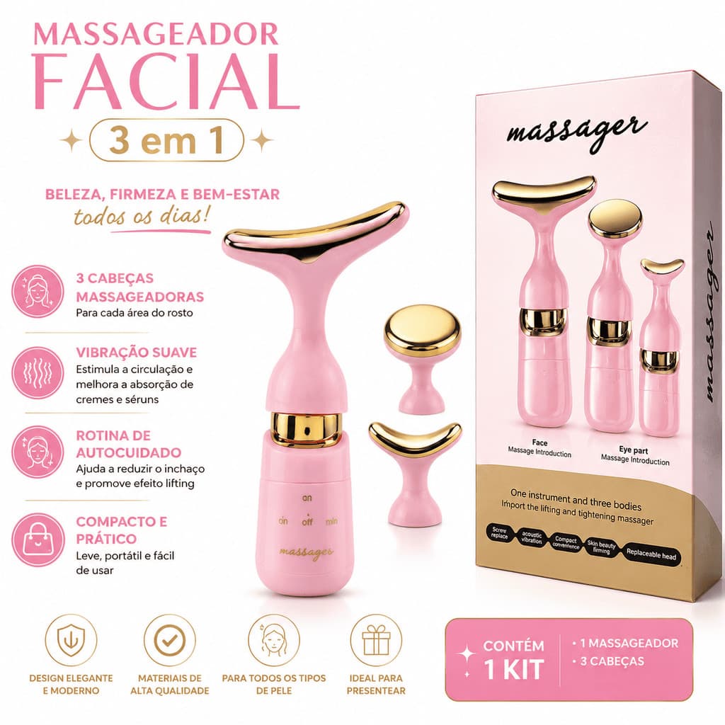Massageador Facial 3 em 1 Vibratório Elétrico para Rosto, Olhos e Pescoço