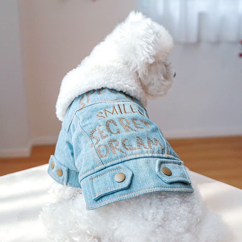 Roupas De Outono De Inverno Para Cães Shih Tzu Teddy Bordados Em Denim Vestido De Cão De Pelúcia Cashmere Manter Que
