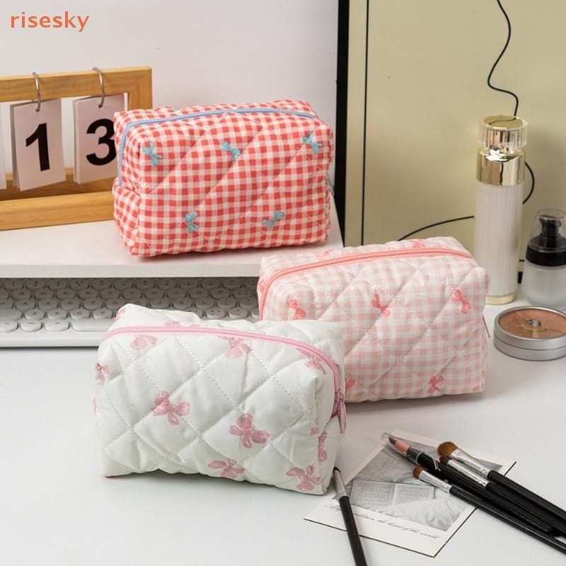 [risesky] Moda Fresca Xadrez Arco Saco De Armazenamento De Cosméticos Grande Capacidade Portátil Maquiagem Lavagem De Vi