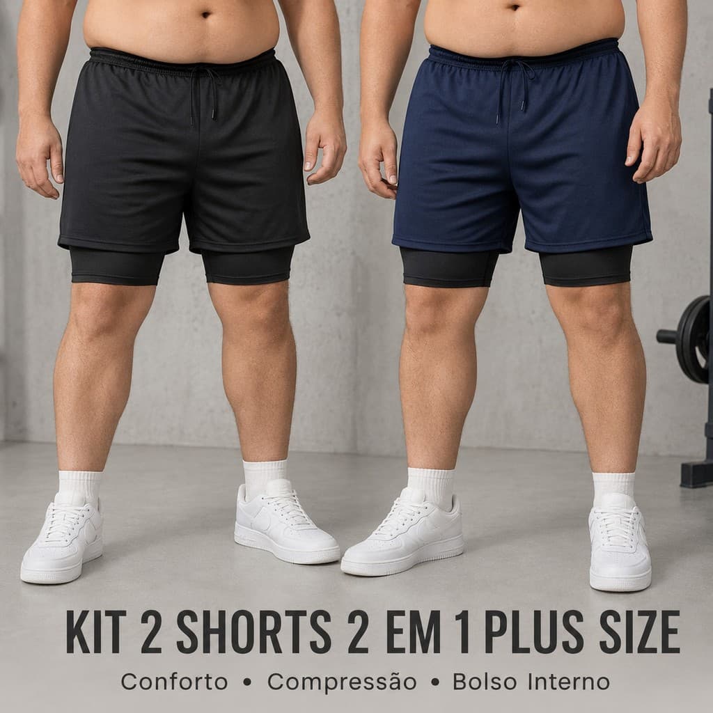Kit 2 Shorts Masculino Plus Size 2 em 1 Dry Fit Compressão Bolso Interno Academia G1 G2 G3