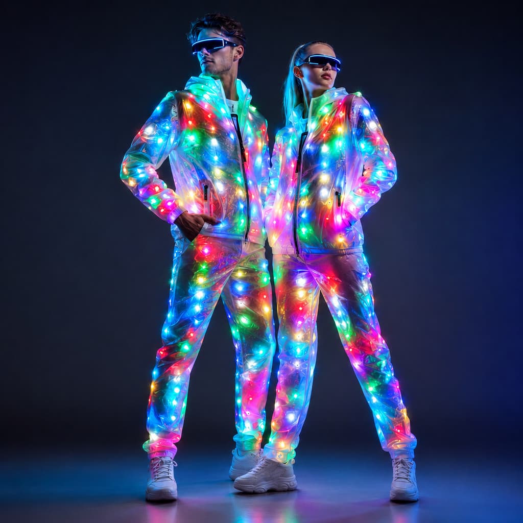 Colorido LED Luminoso Traje Roupas Dança Crescente Iluminação Robô Ternos Com Calças Casal Conjunto Evento Festa Suppli