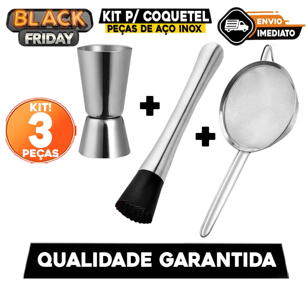Kit Coquetel Inox - Dosador Duplo + Socador de Bebidas + Peneira 10cm para Drinks e Coquetéis