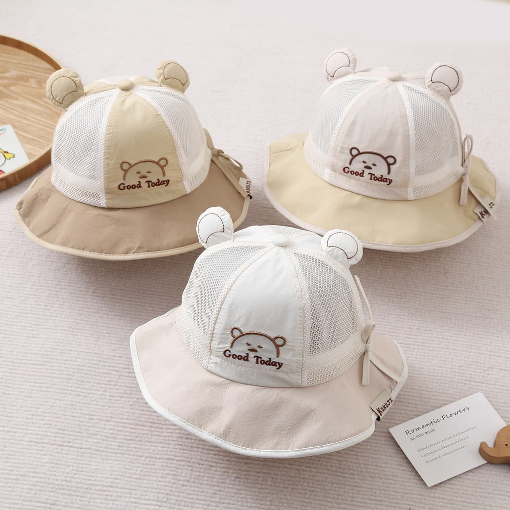 Chapéu De Bebê Verão Bonito Dos Desenhos Animados Orelhas De Urso Malha Pescador Guarda-Sol Ao Ar Livre Das Crianças