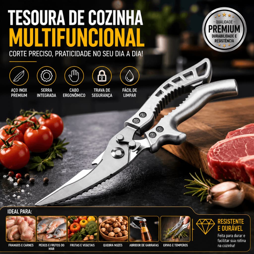 Tesoura de Cozinha Multifuncional Aço Inox Premium Profissional Corta Frango Carne Peixe Legumes Quebra Nozes Abridor