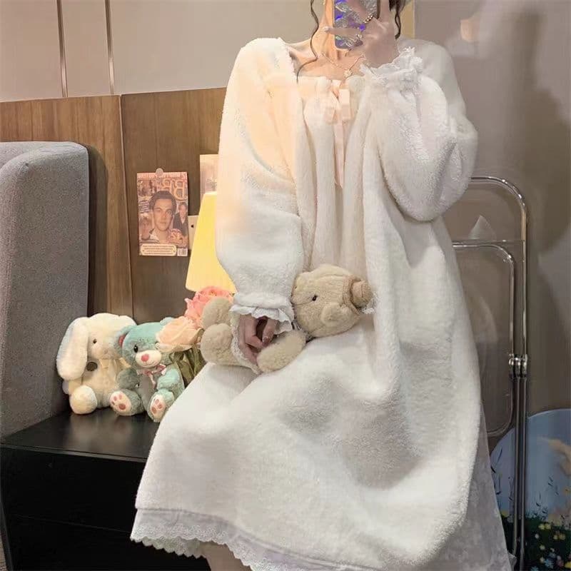 [JLYQ] Outono Inverno Versão Coreana Bonito Doce Coral Fleece Plus Size Pijama Feminino, Loungewear Estilo Princesa Cami