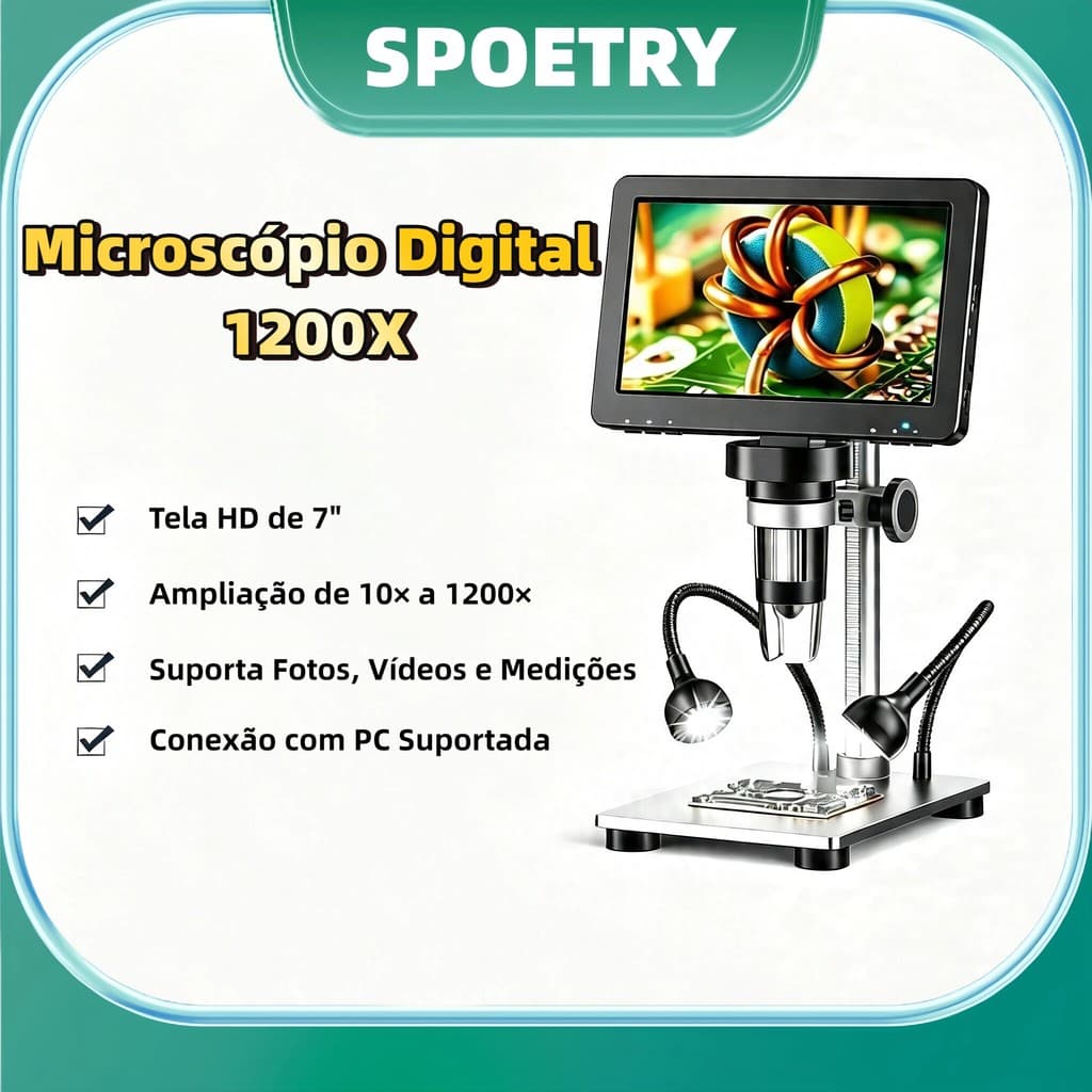 Microscópio Digital 1200X Com Bateria Recarregável e Controle Com Fio Tela LCD De 7 Polegadas - SPOETRY