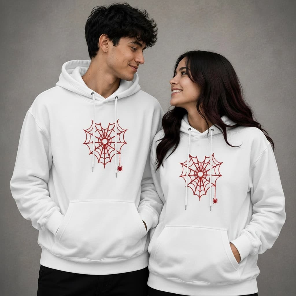 Kit Casal Moletom Coração Vermelho Teia de Aranha Com Capuz Streetwear Casual Premium