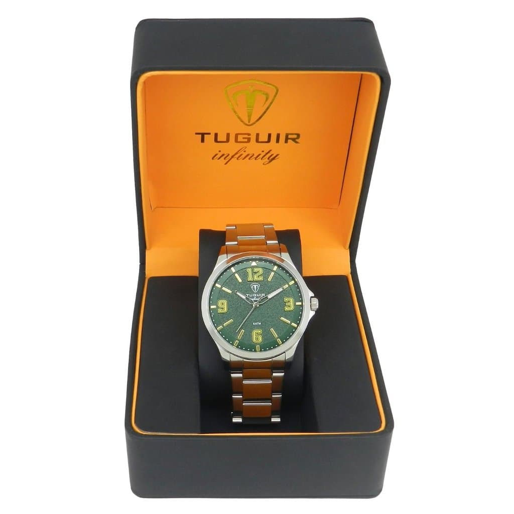 Relógio Masculino de Aço Tuguir Analógico Infinity TGI37237 Prata e Verde (Resistente à água 5ATM, Vintage, Luxuoso)