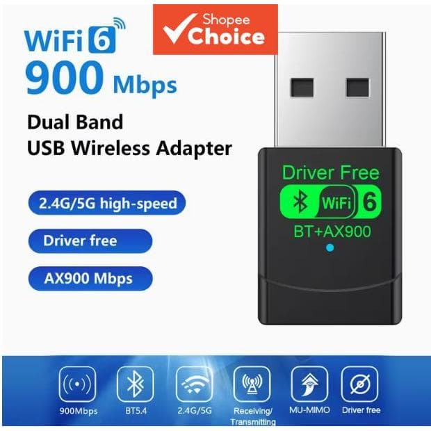 Adaptador Wireless, AX900 USB Wi-Fi Bluetooth 5.4 2 em 1 Dongle Dual Band 2.4G 5Ghz Wi-Fi 6 para Windows 10/11, driver