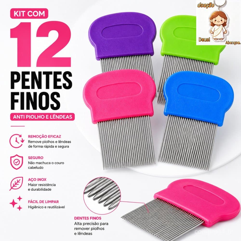 Kit 12 Pentes Fino Removedor de Piolho e Lêndea em Aço Inox