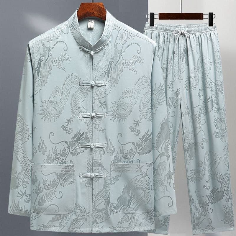 Terno Tang de seda gelo masculino de meia-idade idosos terno de manga comprida Casual vovô primavera estilo chinês solto
