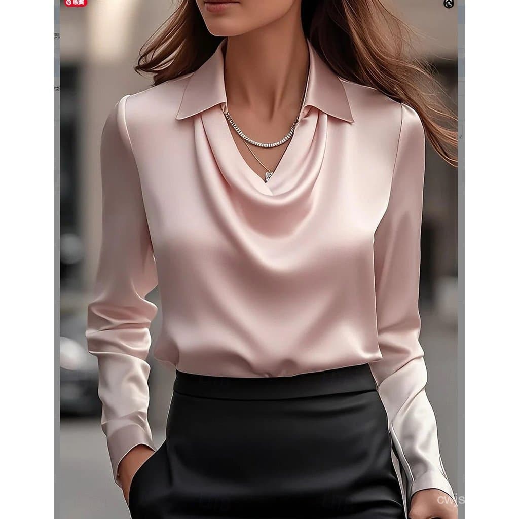 Blusa Elegante Feminina 2025, Nova Camisa Vintage de Cetim, Blusas e Camisas Elegantes de Manga Longa, Tops Femininos Vi