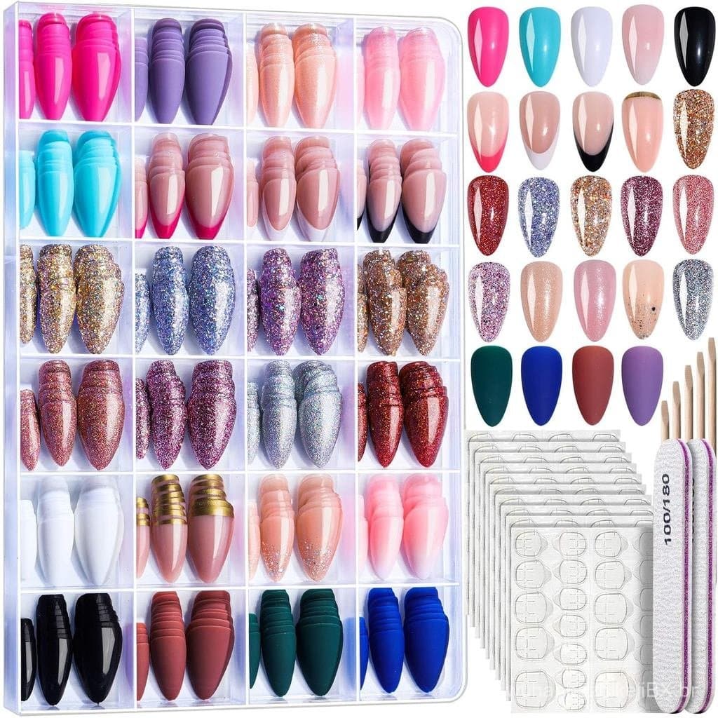 FANDAMEI Unhas Postiças, 24 Cores 576 Peças, Unhas Postiças Almond, Acabamento Fosco e Brilhante, Unhas Postiças Curtas