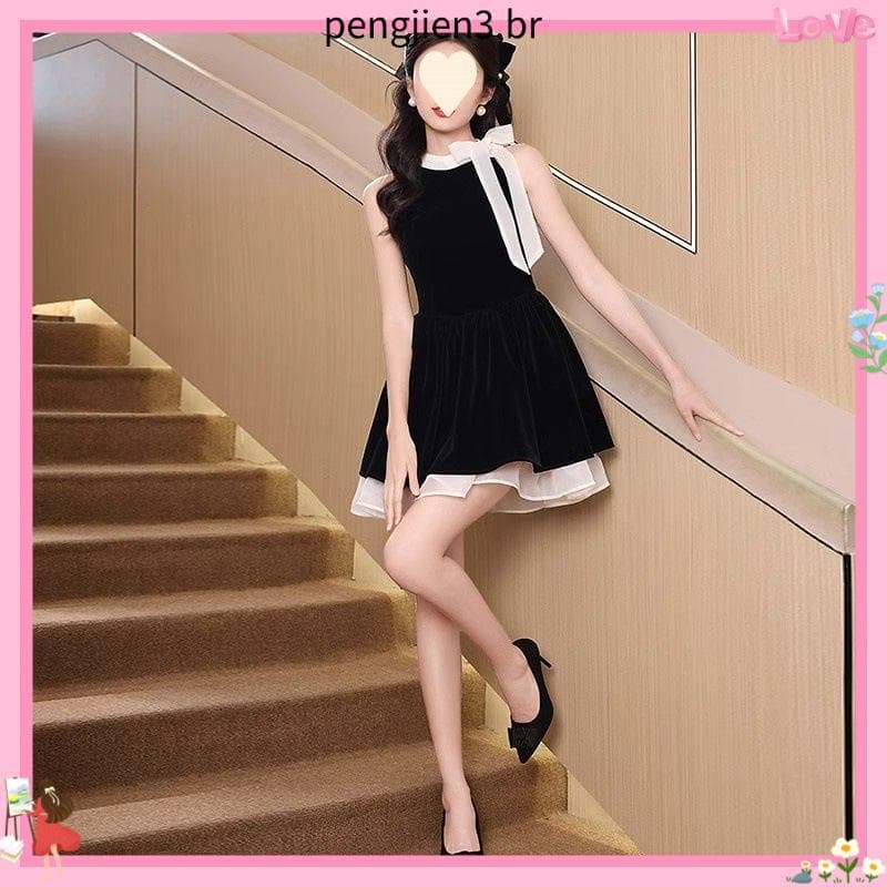 Puro desejo sem mangas Halter vestido feminino verão estilo francês High-End pequeno arco saia curta de cintura estreita