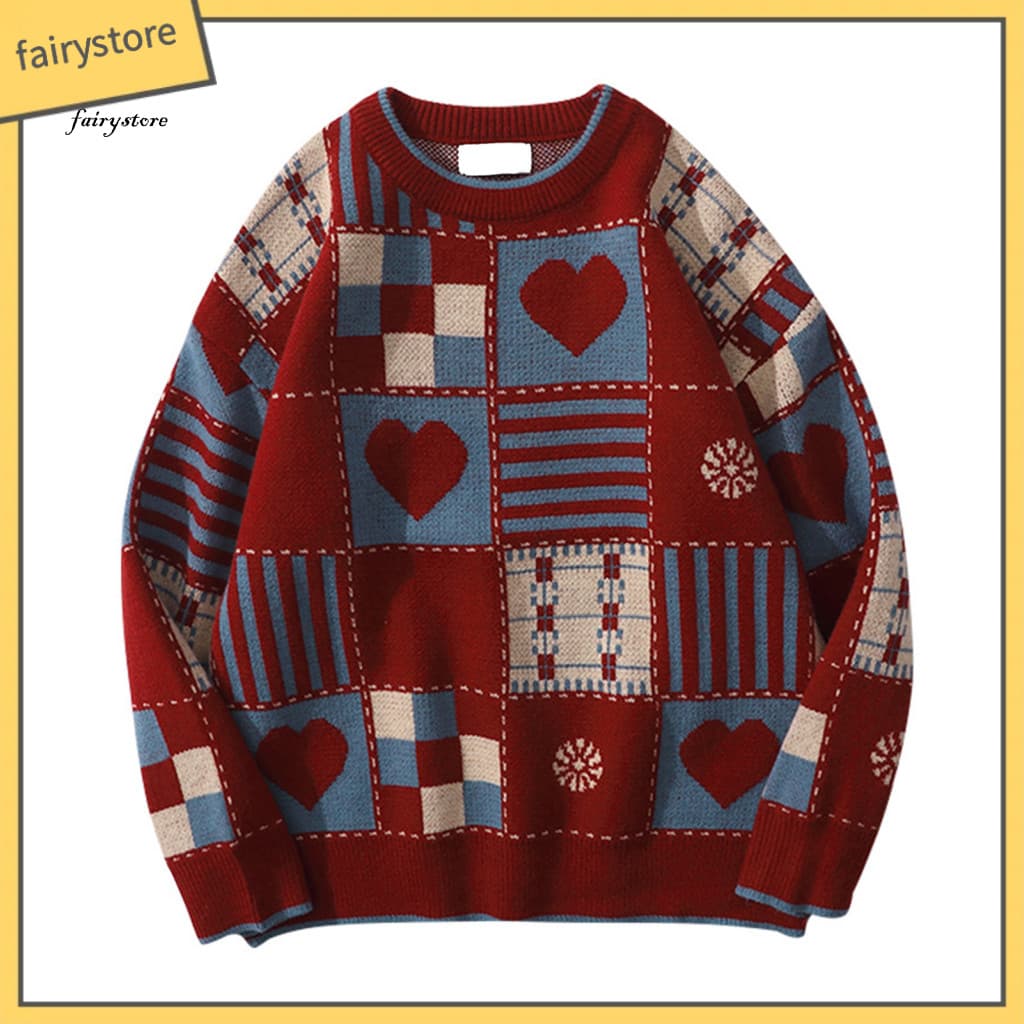 Crochet Detail Sweater Retro Round Neck Unisex Winter Plaid Knit Style Long Sleeve Warm Pullover for Couples Home School