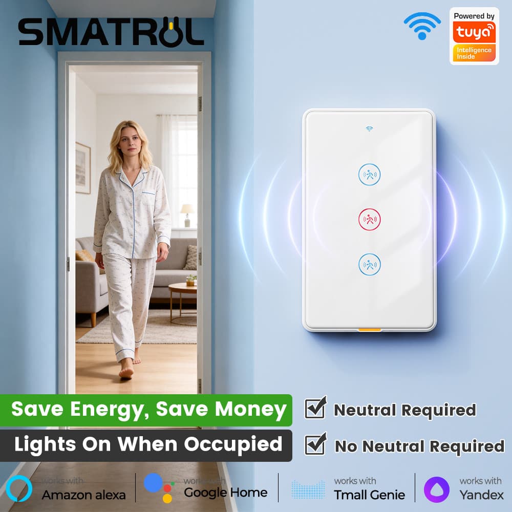SMATRUL Tuya WiFi Interruptor De Sensor De Movimento De Radar Inteligente 10G Presença Humana 2 Em 1 Neutro E Sem Fio 11