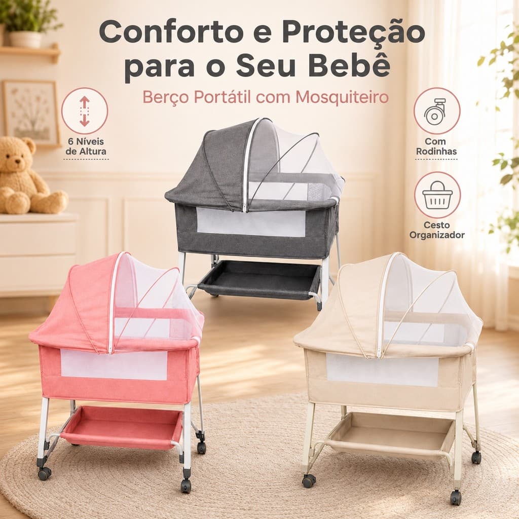 Berço Moisés Portátil Co-Bed com Balanço, Mosquiteiro, Rodinhas, Cesto e Regulagem de Altura
