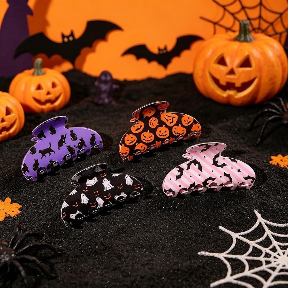 Presilhas de cabelo de Halloween, com designs de fantasma, abóbora e gato preto, são um acessório de cabelo divertido pa