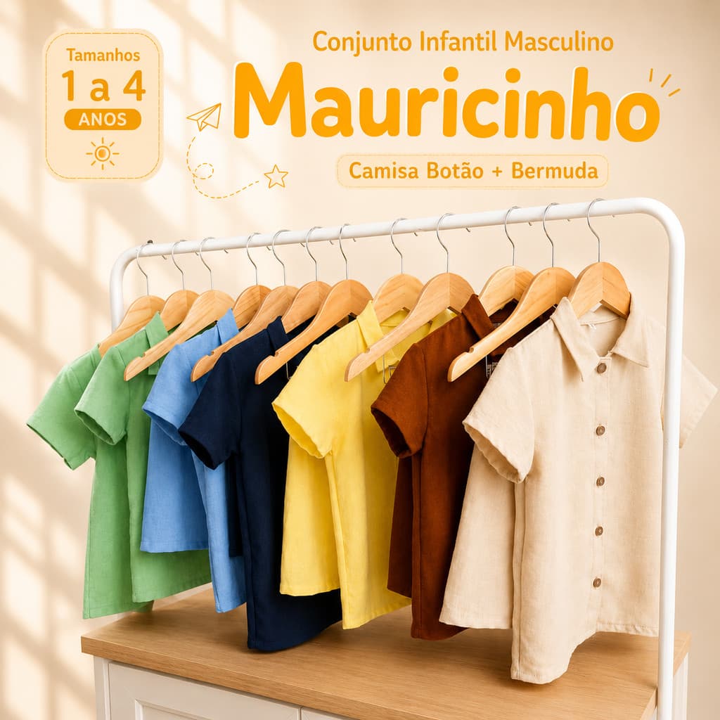 Conjunto Infantil Masculino Fofo Bermuda Mauricinho + Camisa Botão 1 a 4 Anos