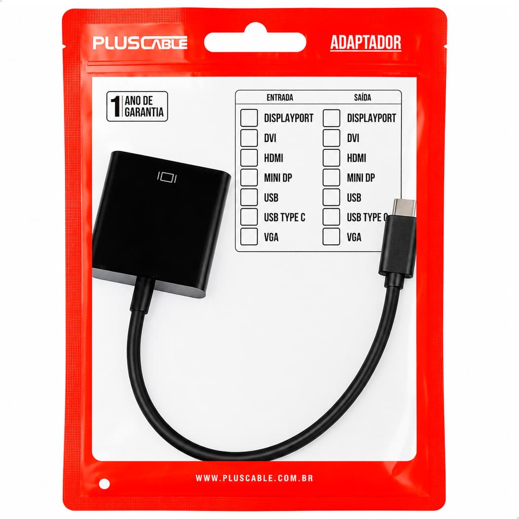 Cabo Adaptador DisplayPort Femea para USB-C Macho Pluscable ADP-304BK 4K Conversor Video