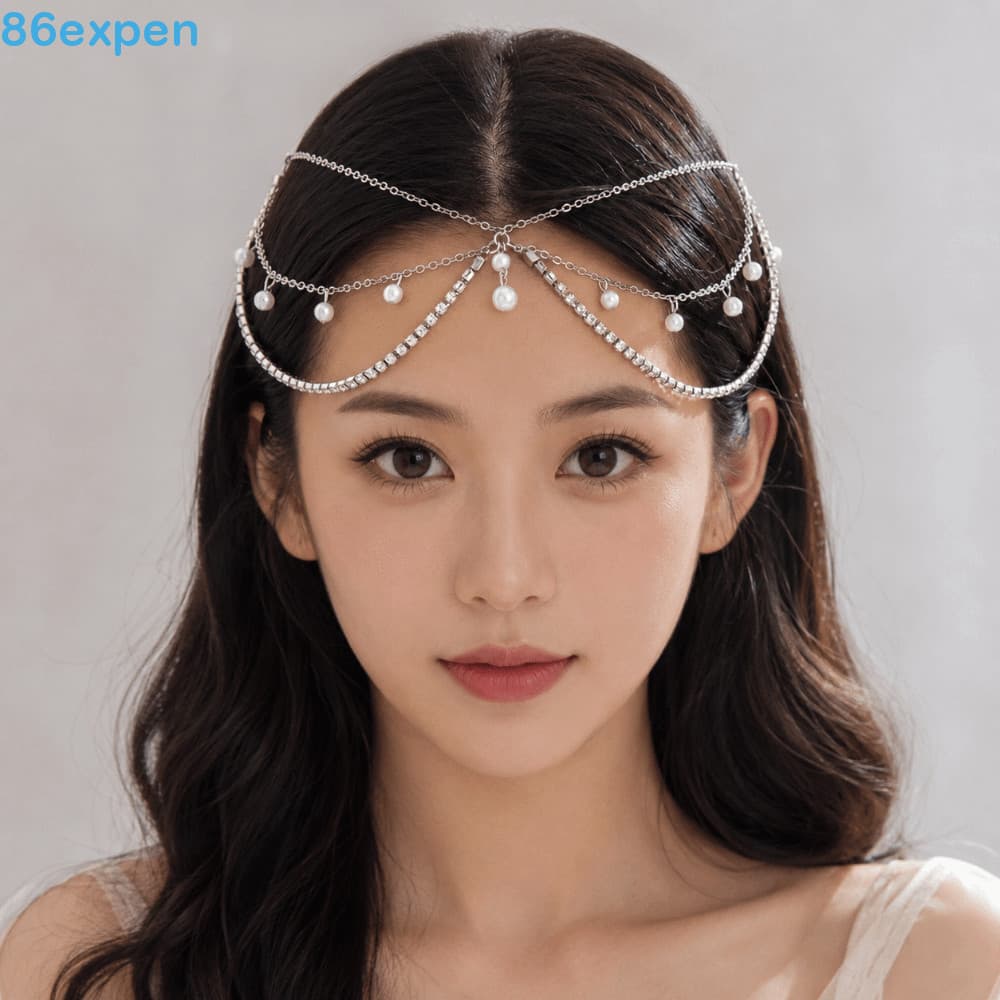 EXPEN1 Capacete De Testa De Luxo , Corrente De Cabelo Boêmia De Pérola Simulada Multicamadas , Cristal De Strass