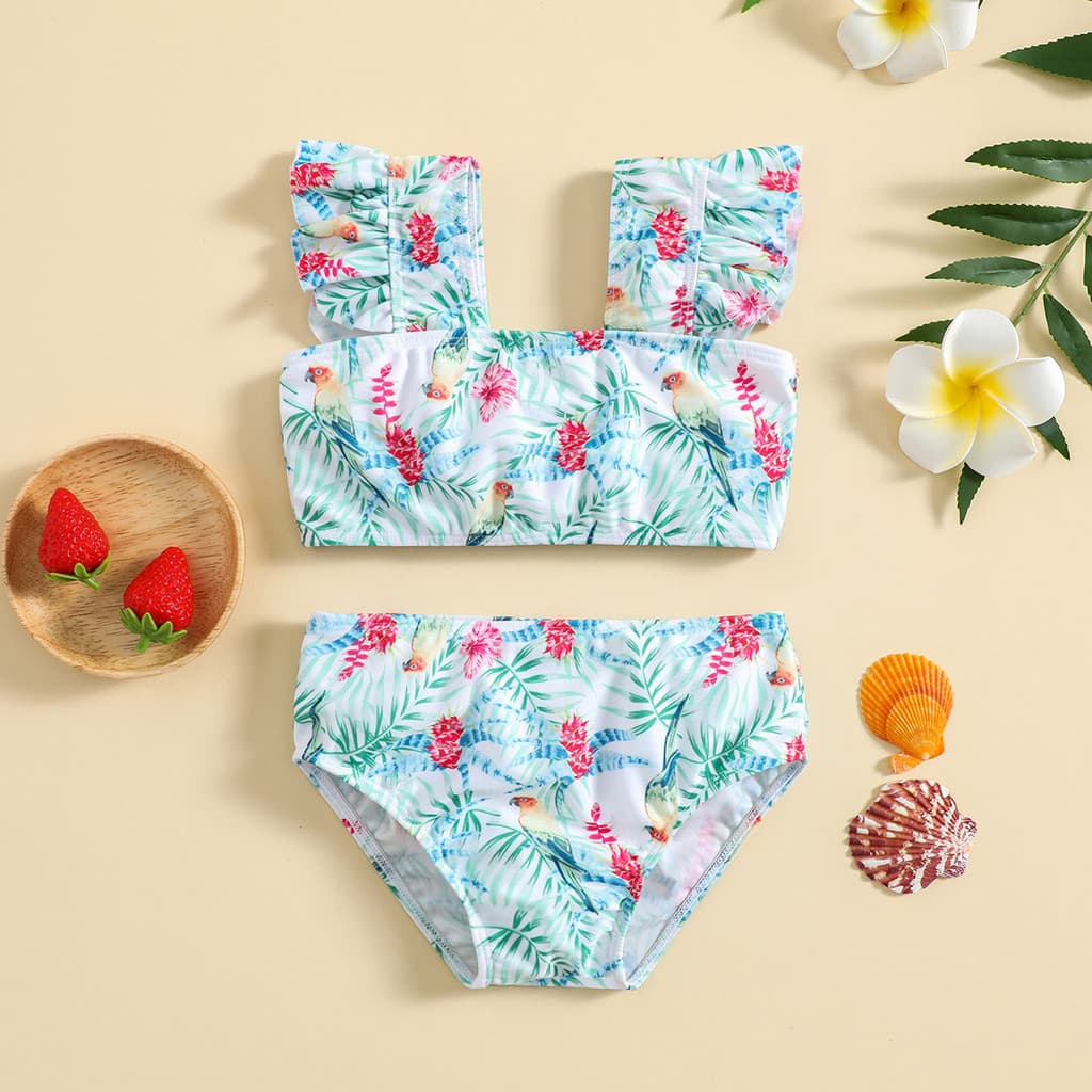 Conjunto De Biquíni De Duas Peças Com Estampa Floral Fofa Para Meninas , Roupa De Banho Infantil Praia