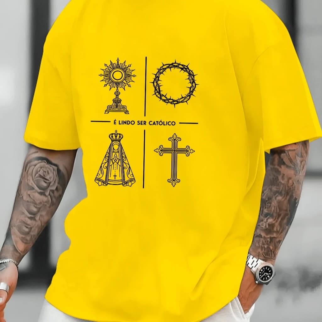 Camiseta É LINDO SER CATÓLICO Streetwear 100% Algodão Masculina Camisa Religiosa Catolicismo Devoção