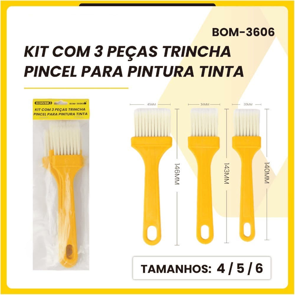 Kit com 3 Peças Trincha e Pincel Multifuncionais P/ Pintura e Cozinha Versatilidade e Precisão em Cada Aplicação BOM3606