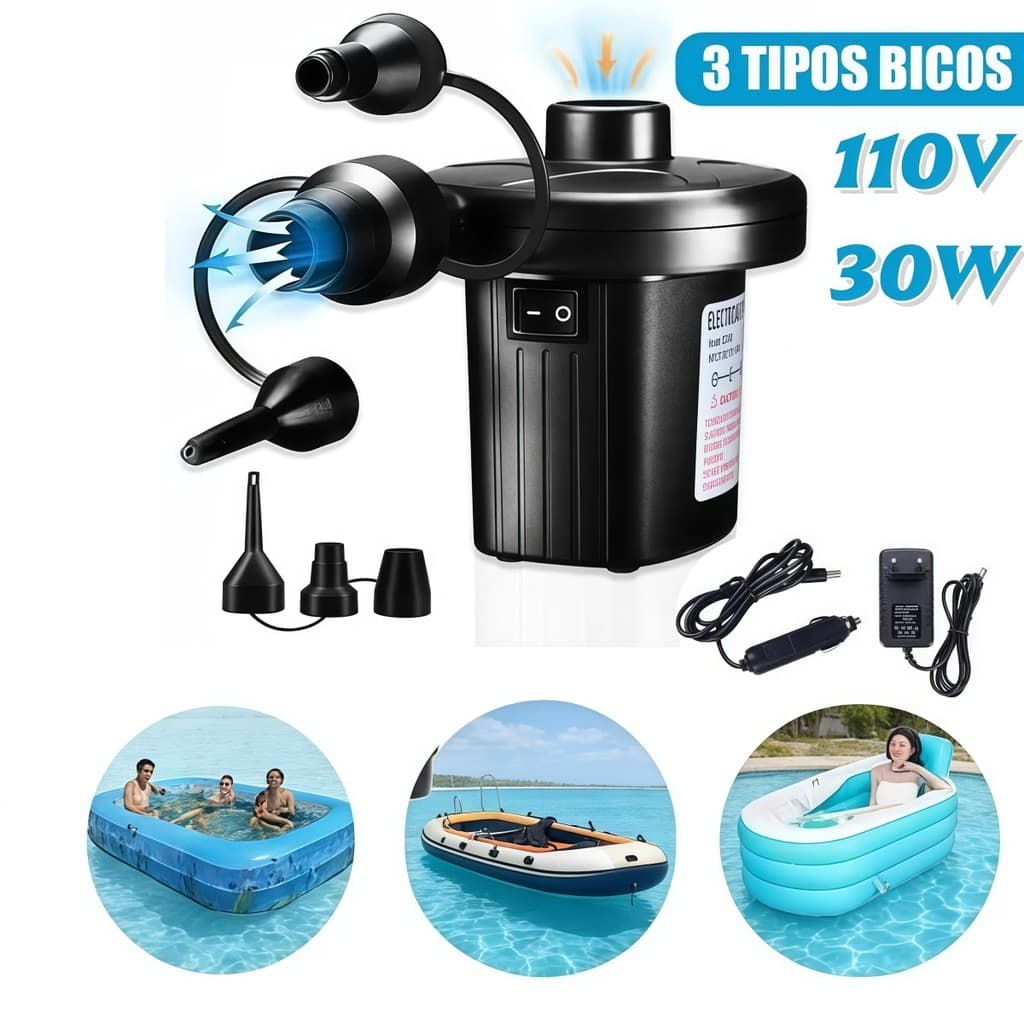 Bomba de Ar Portátil Infla e Esvazia Colchão e Boia, 3 Bicos para Piscina, Rápida e Prática 110V.