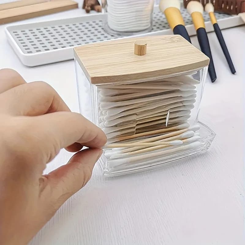 Porta Cotonete de Acrílico com Tampa de Bambu