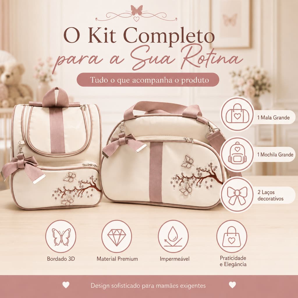 Kit Bolsa Maternidade Menina Nude Rosé Mala Mochila Grande Bordado Borboleta 3D Luxo Impermeável Analu Baby