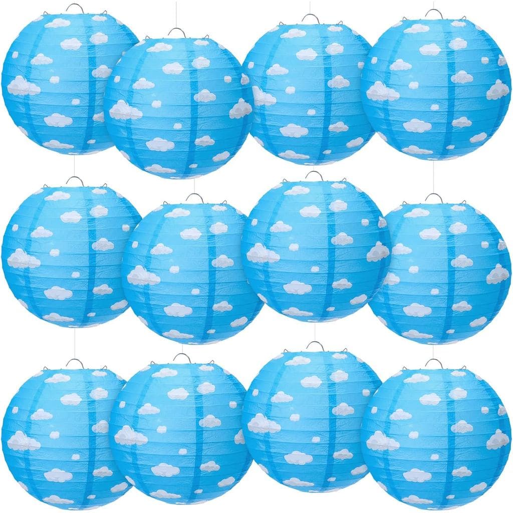 Huquary 12 Peças de Lanternas de Papel Azul com Nuvens, Decorações para Festas, Lanternas Redondas de Céu Azul com Nuven