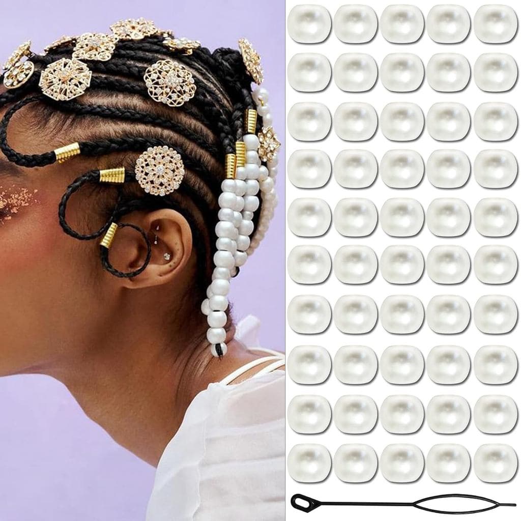 50 Peças de Pérolas para Tranças, Pérolas Brancas para Dreadlocks, Joias de Cabelo, Decoração de Tranças para Mulheres,