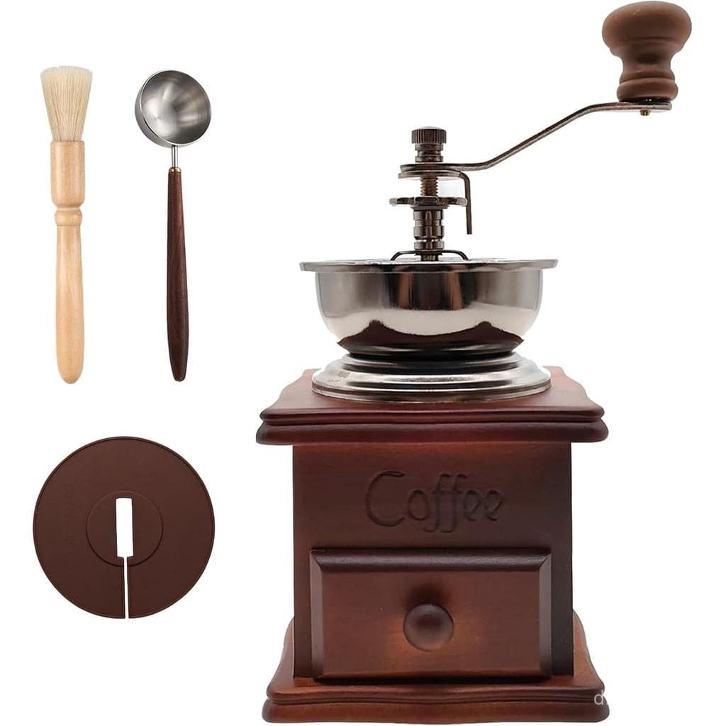 Moedor de café artesanal de madeira em estilo retrô, manivela de cerâmica, escova de limpeza artesanal de madeira para m