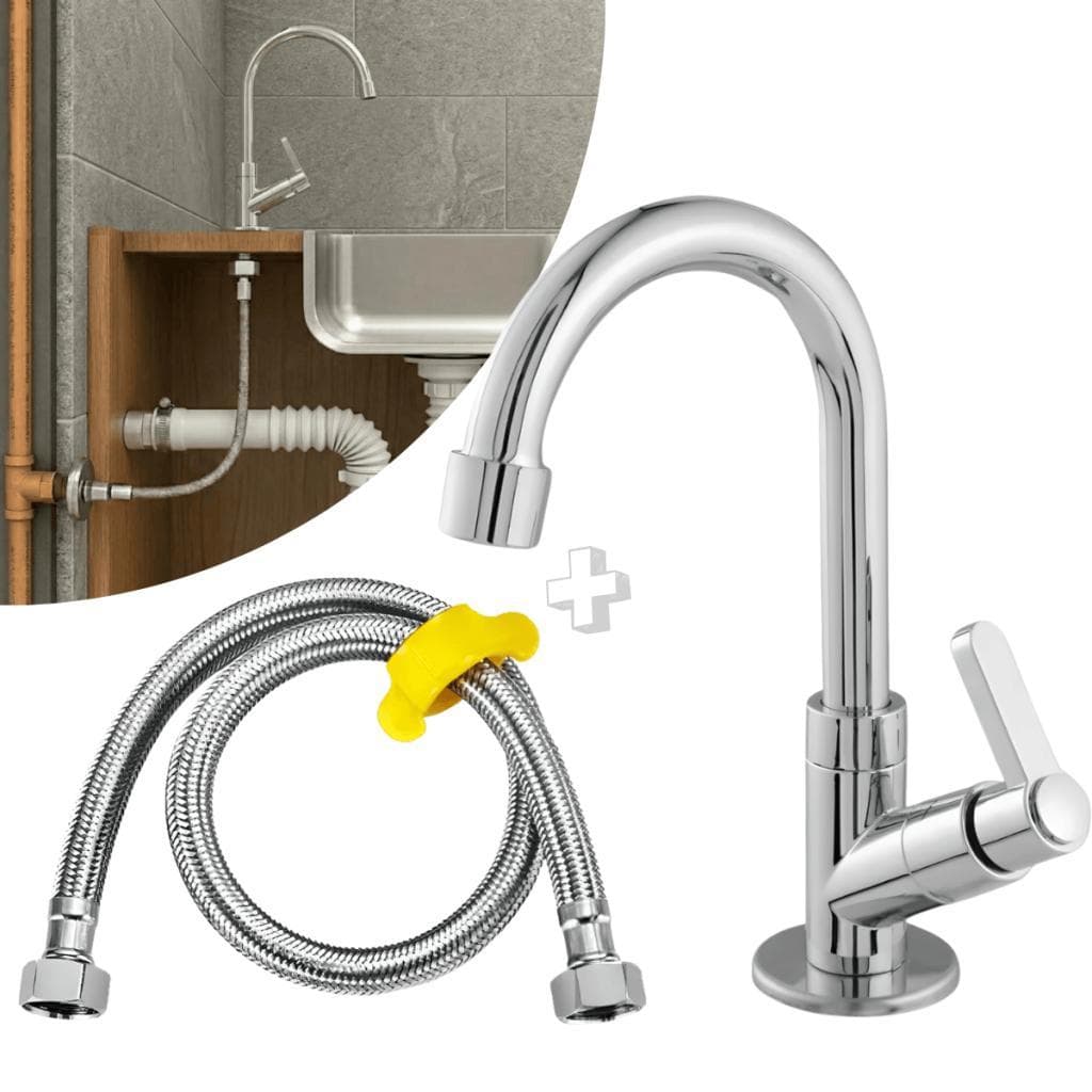 Kit Torneira Lavatório Cromada 1/4 Volta ABS + Engate Flexível Inox 60cm Banheiro Arejador