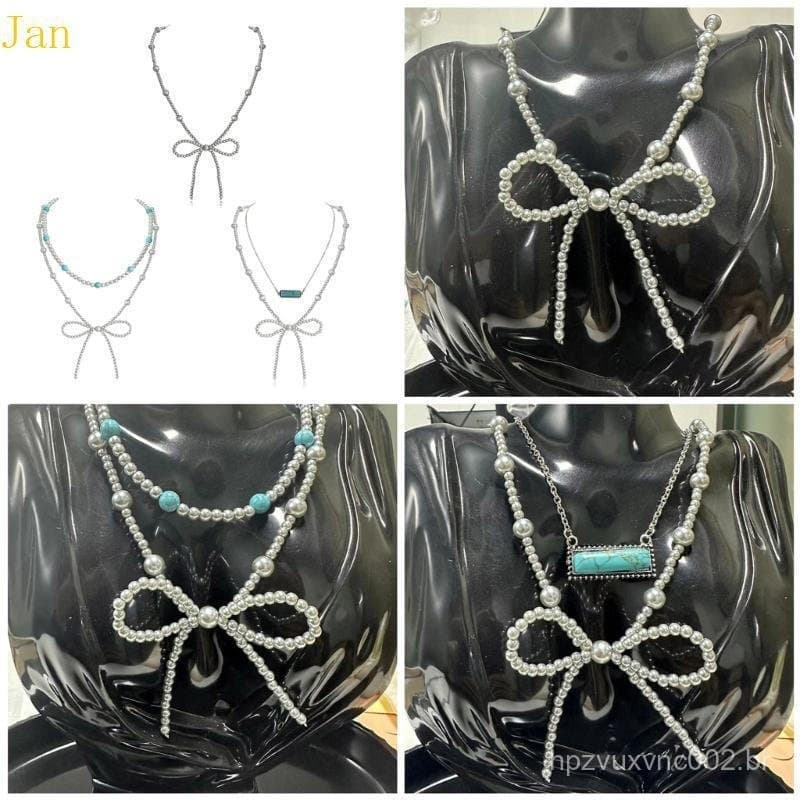 Colar Elegante De Estilos Ocidentais Jan Com Laço Cinza Prateado E Detalhes Em Pingente