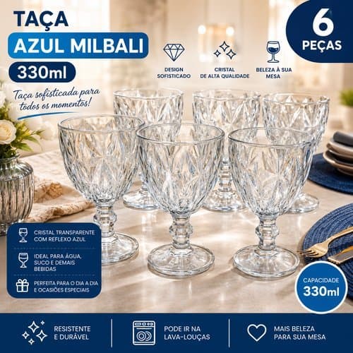 Conjunto Taças Vidro Azul 330ml Jogo 6 Unidades Design Elegante Copos Bebidas