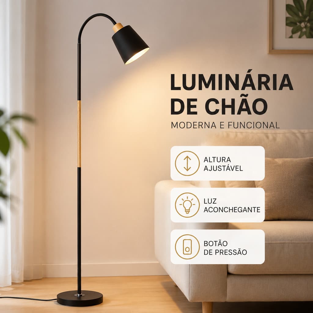 Luminária de Chão Ajustável para Leitura Sala Quarto Escritório Abajur Moderno Preto