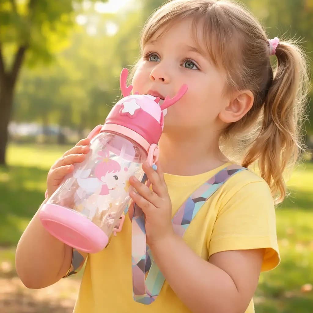 Garrafa Infantil com Canudo e Alça Ajustável 450ml | Livre de BPA | Rosa, Azul e Verde