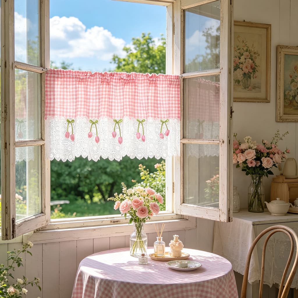 Cortina Curta Romântica Francesa Com Decorações De Tulipa Rosa E Branco Toppers De Janela Xadrez Haste Bolso Café Banhei