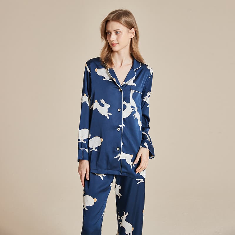 Pijamas femininos primavera outono novo estilo Homewear terno doce impresso pijamas de seda gelo manga longa terno
