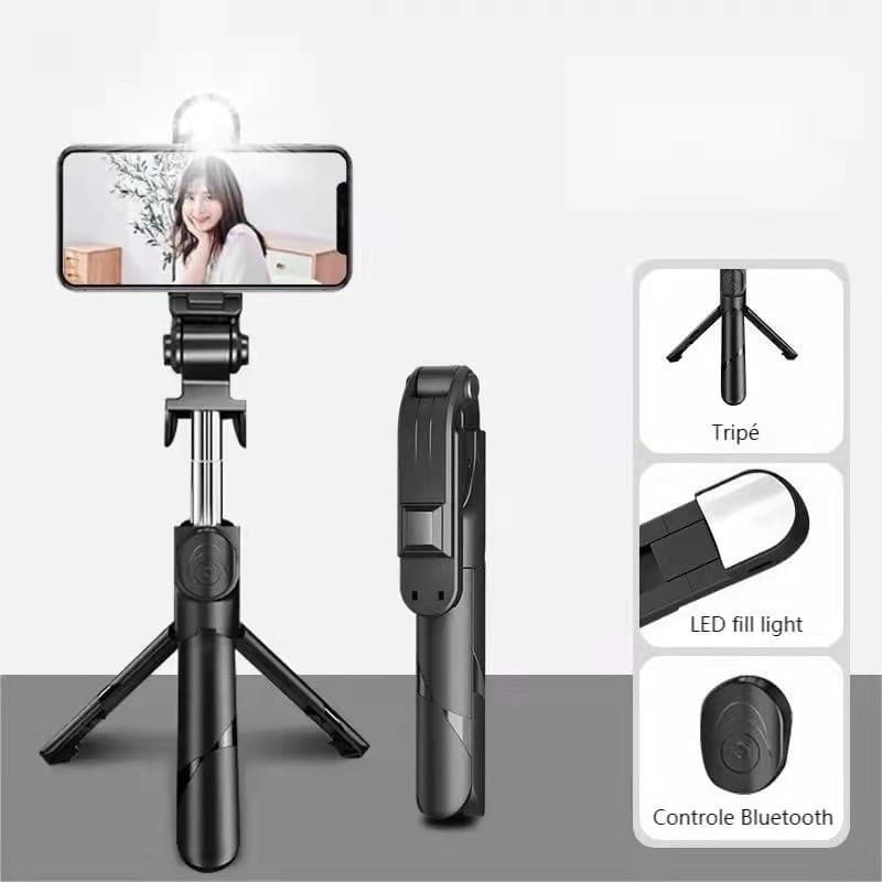 Tripé Pau de Selfie Retrátil com Iluminação LED, Controle Bluetooth, Acessório para Fotos e Vídeos Celular