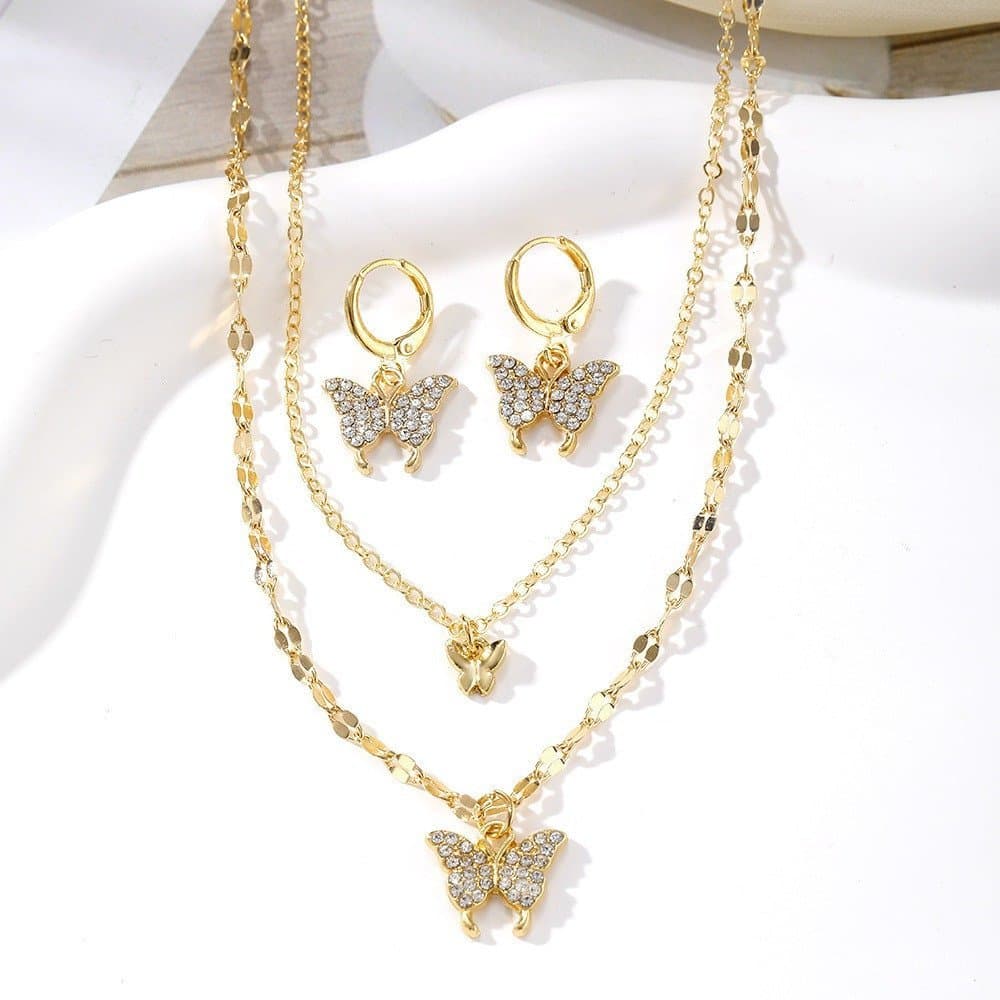Conjunto Elegante De Colar De Borboleta De Camada Dupla Cravejado De Zircônia E Brincos-Joias Elegantes De 2 Peç