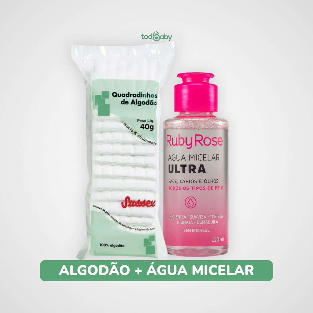 Kit Limpeza Facial Água Micelar Ruby Rose® 120ml + Algodão Quadrado Sussex®
