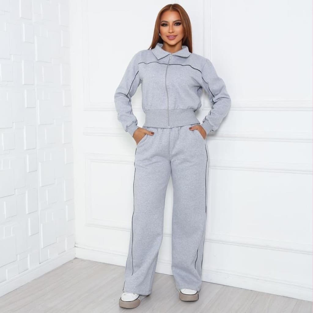 Conjunto Moletom Feminino Cinza Inverno Agasalho Calça Tecido Flanelado Confortavel Envio Imediato