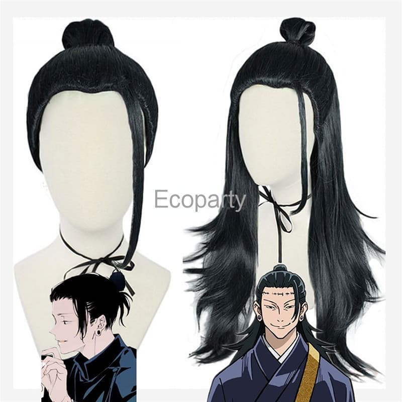 Peruca de Anime Jujutsu Kaisen para Cosplay, Peruca Suguru Geto Kenjaku Preta para Festa, Cabelo Sintético Resistente a