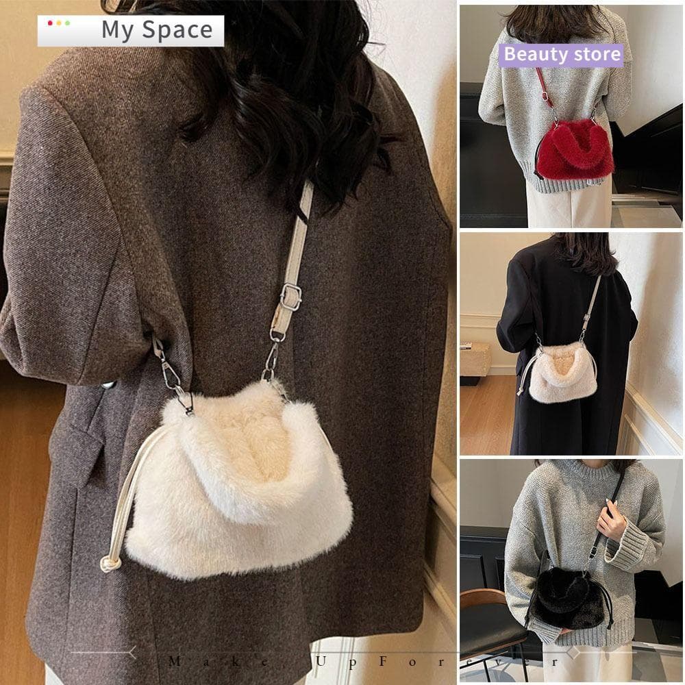 MY Bolsa Com Cordão , Crossbody De Pelúcia De Grande Capacidade , Macia Alça Removível Balde De Cor Sólida