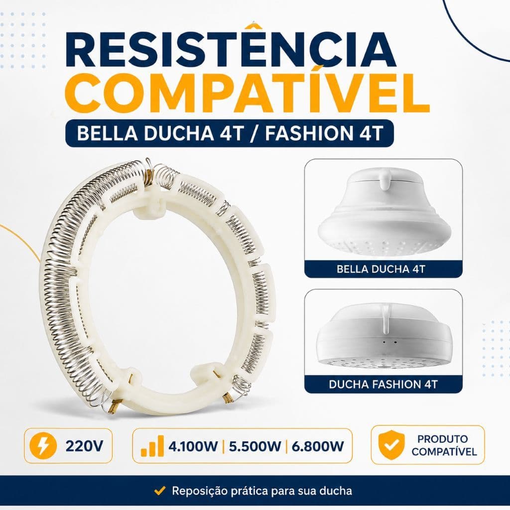 RESISTÊNCIA COMPATÍVEL LORENZETTI CHUVEIROS BELLA DUCHA 4T / D.FASHION 4T / ULTRA 4T 4.100W 5.500W 6800W 220V